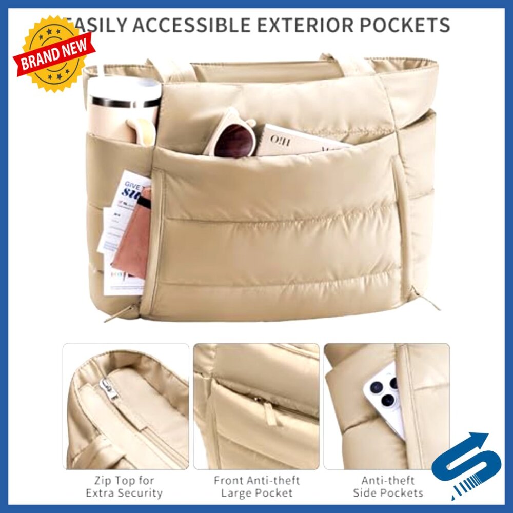Lightweight Puffer Tote Bag with Laptop Sleeve and Tumbler Holder - Picture 5 of 7